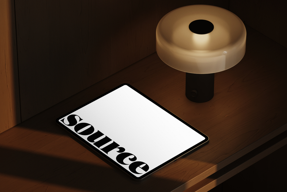 Tablet with brass lamp above on dark wood floor showing Source