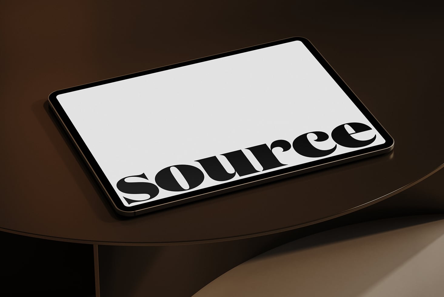 Tablet centered on dark wood table with Source branding