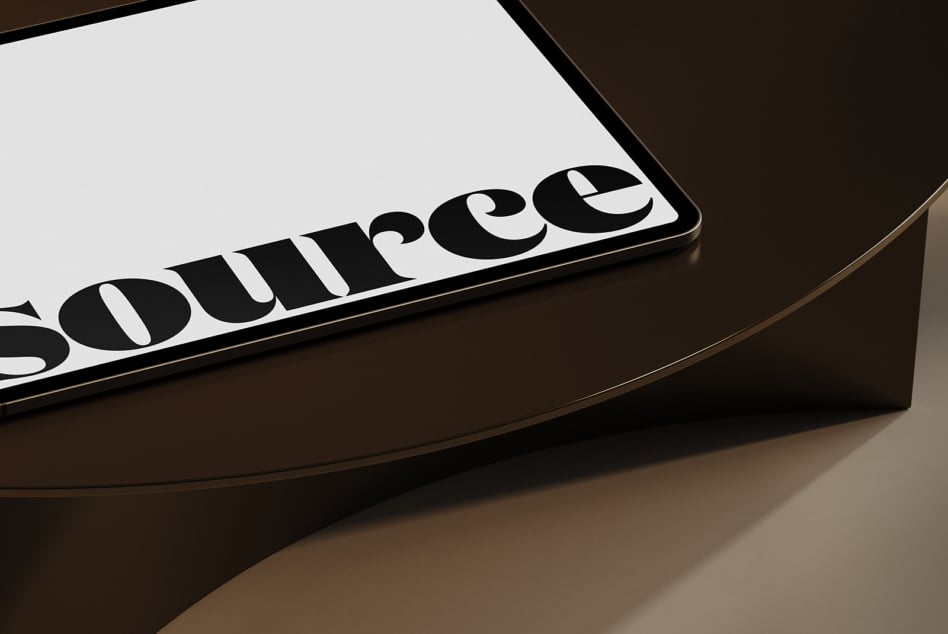 Close-up of tablet edge showing Source lettering on wooden surface