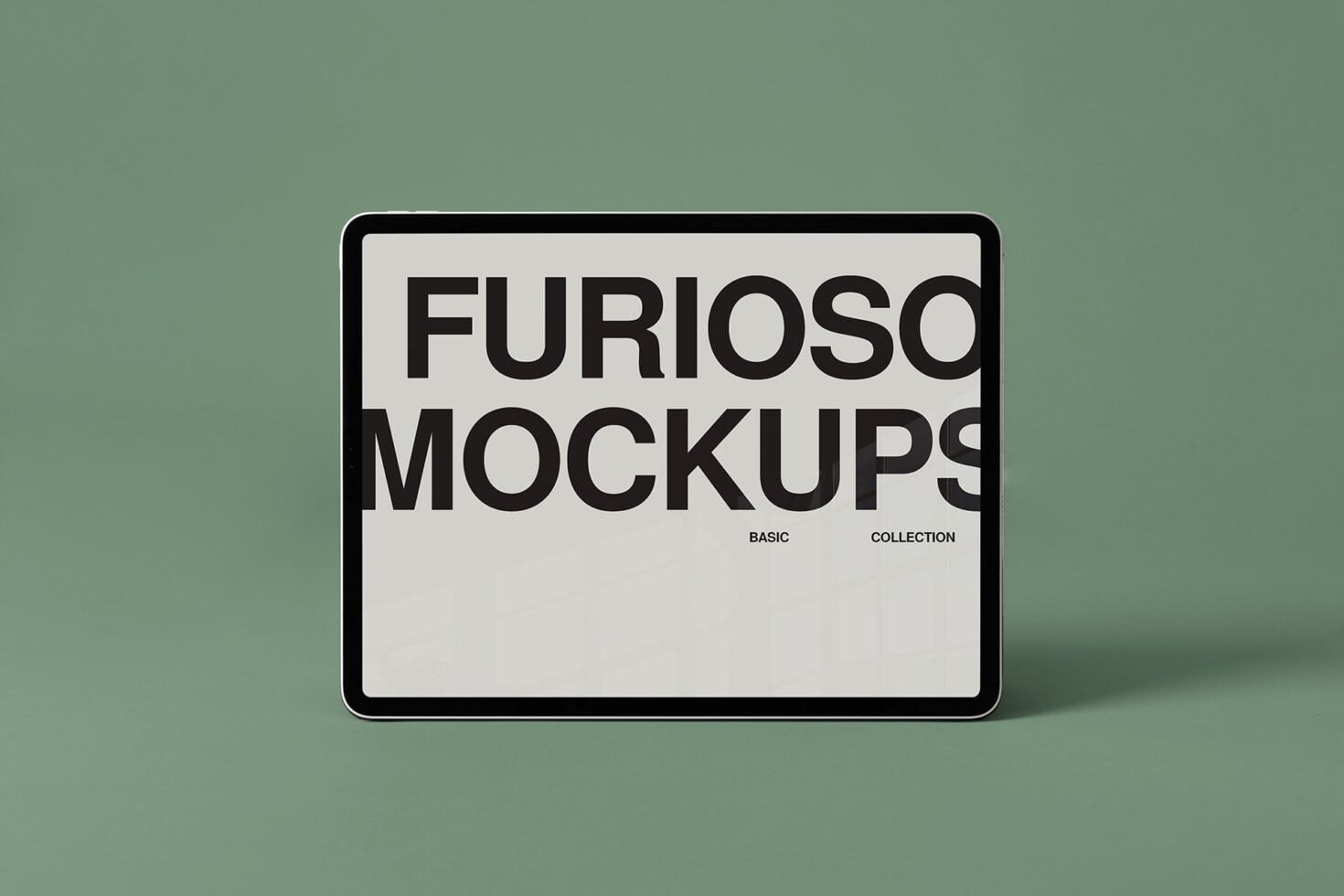 Horizontal tablet mockup with cream screen showing large bold typeface on muted green