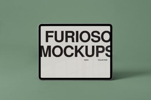Horizontal tablet mockup with cream screen showing large bold typeface on muted green