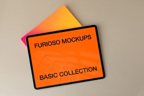 Tablet mockup with orange screen on gradient background with colorful envelope