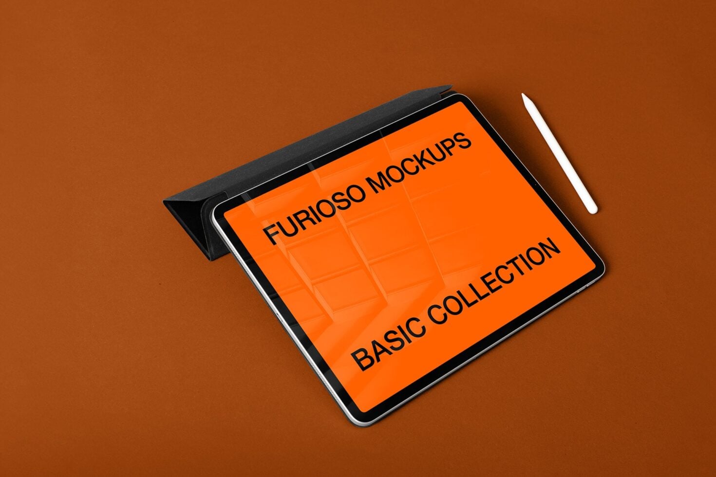 iPad mockup angled on tan surface displaying orange screen with white stylus
