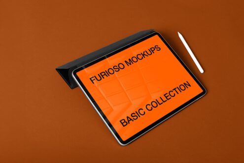 iPad mockup angled on tan surface displaying orange screen with white stylus