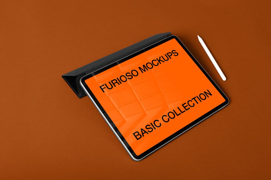 iPad mockup angled on tan surface displaying orange screen with white stylus