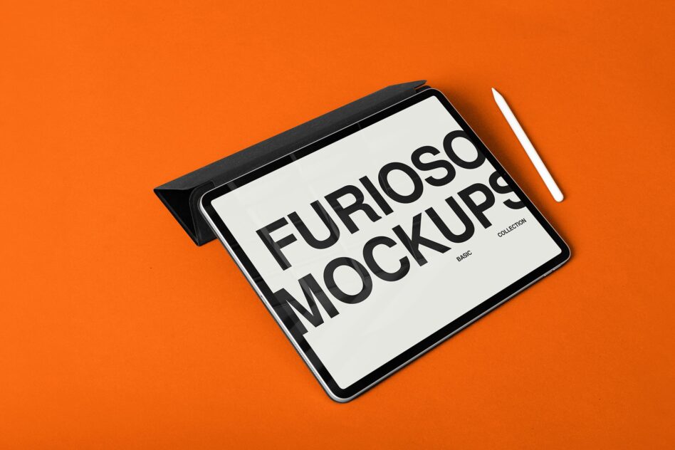 Tablet on orange background showing white screen with bold black typography