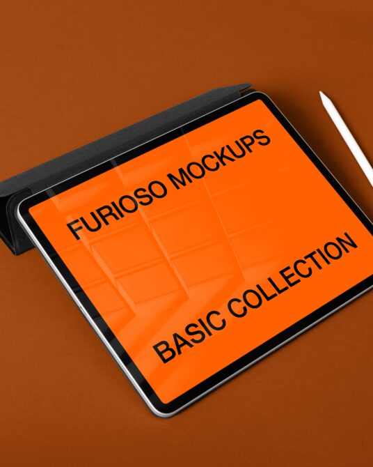 Tablet mockup with orange screen showing text on tan background with stylus