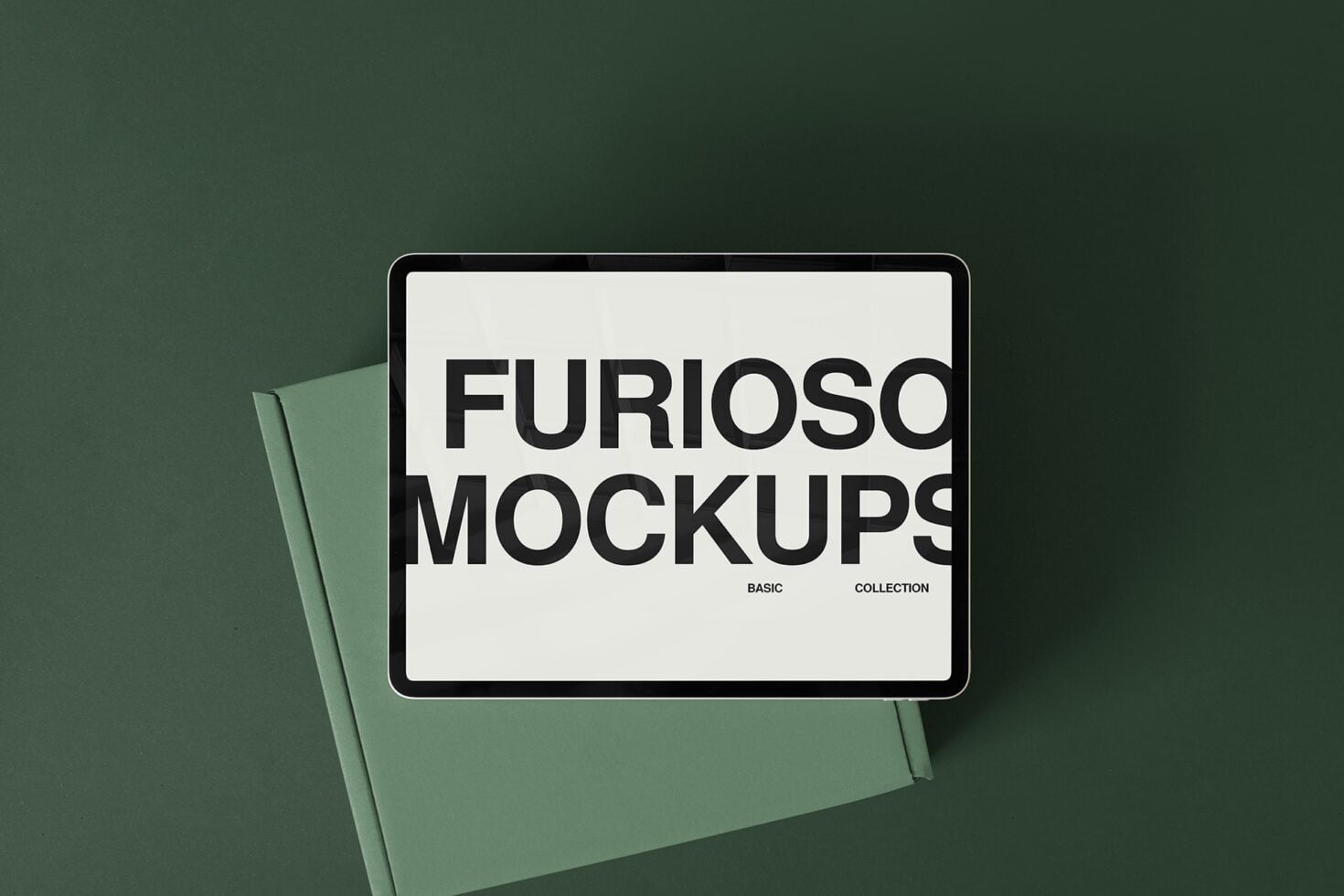 Horizontal tablet mockup on sage background with folded sage green paper beside it