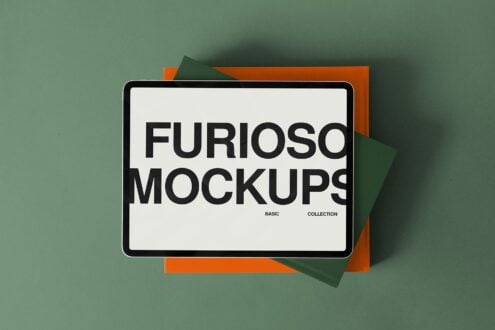 Horizontal tablet mockup on sage background with orange, green, brown layered cards behind