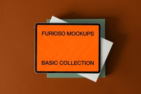 Tablet mockup on brown background surrounded by orange, white, green paper samples