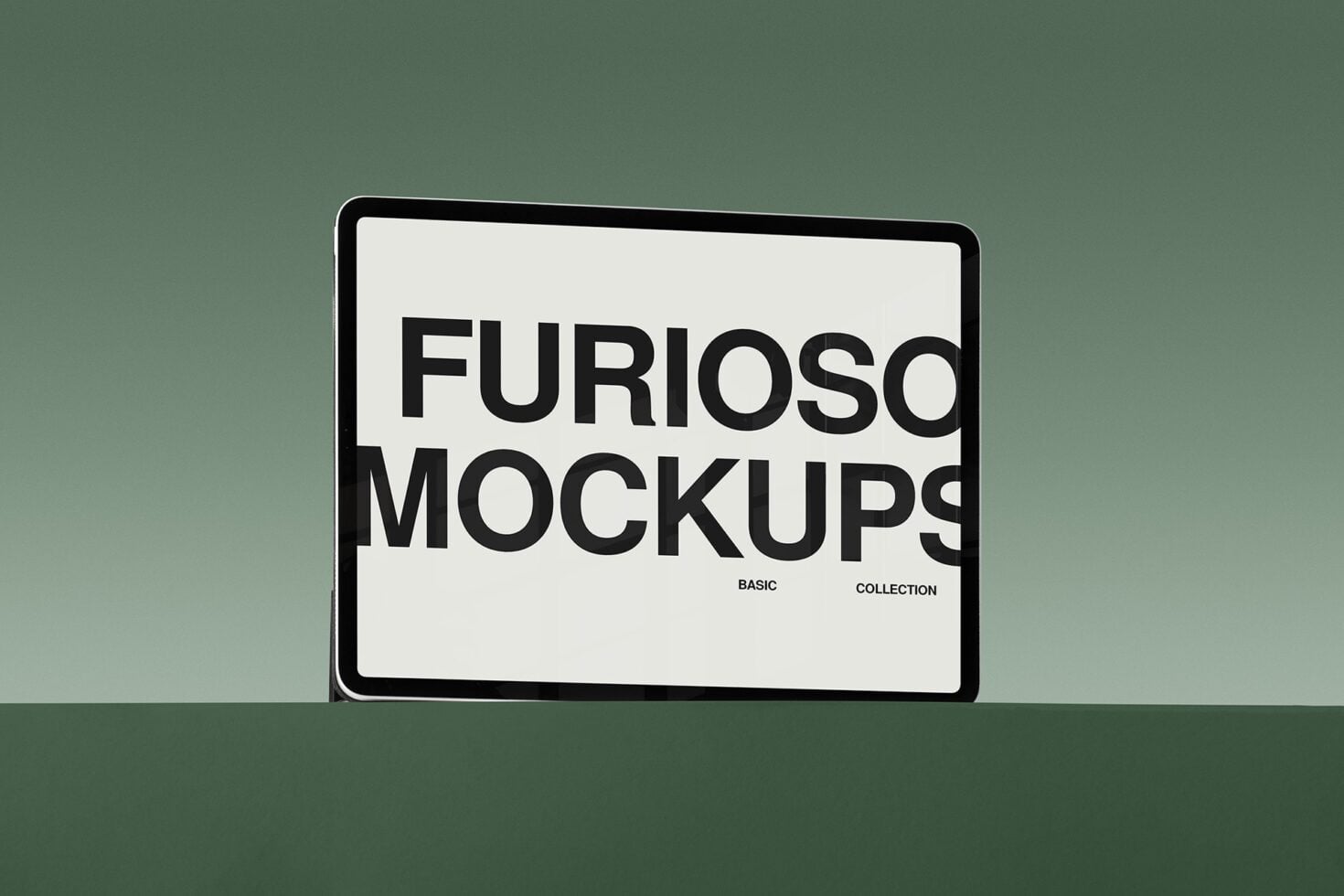 iPad mockup displaying cream screen with large black typography on sage wall
