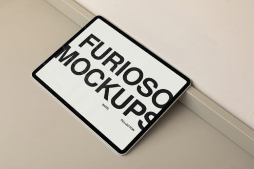 Tablet mockup with black border displaying Furioso Mockups Basic Collection text