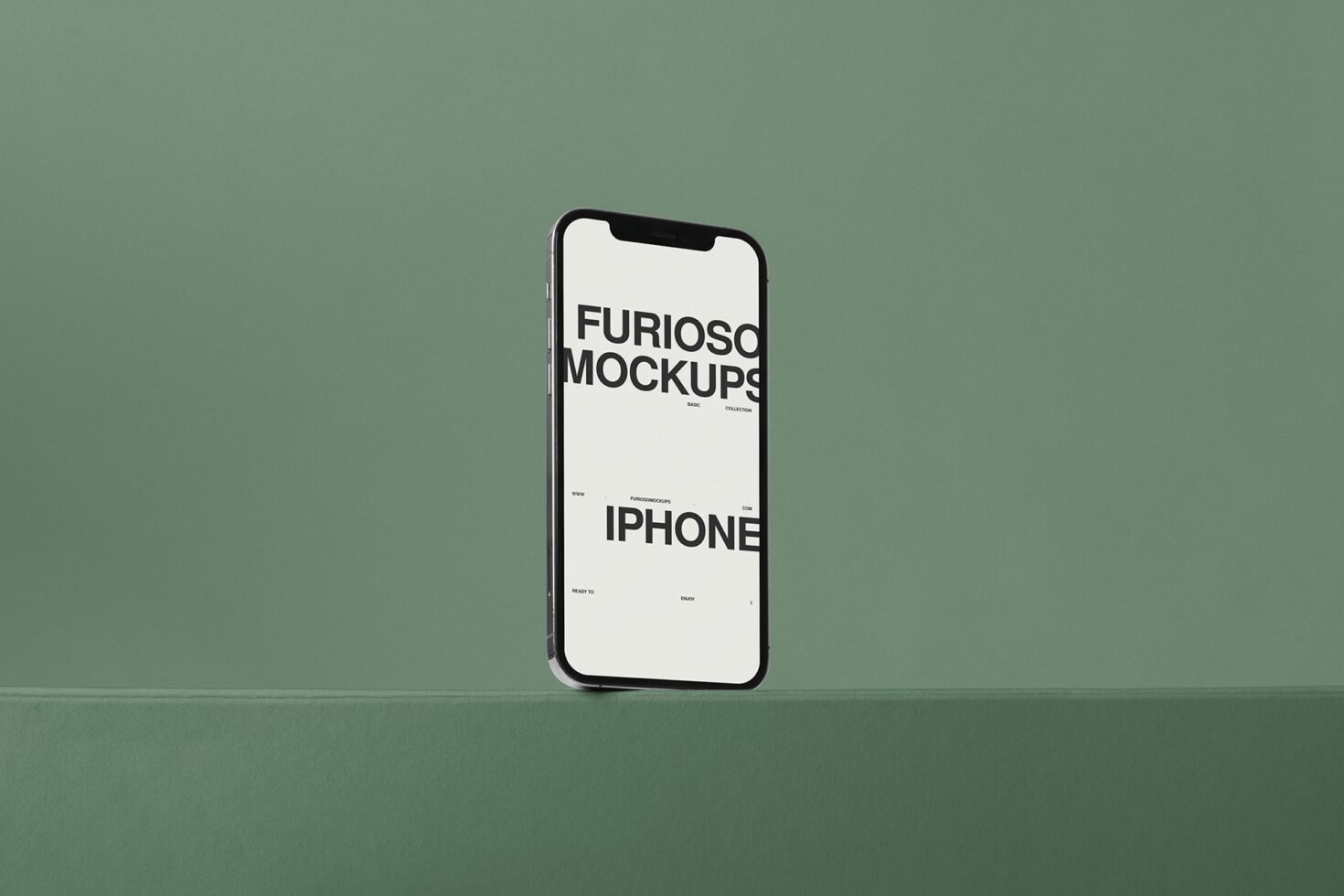Silver iPhone mockup standing on sage green solid background