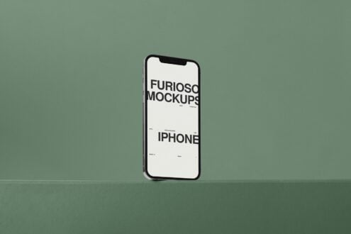 Silver iPhone mockup standing on sage green solid background