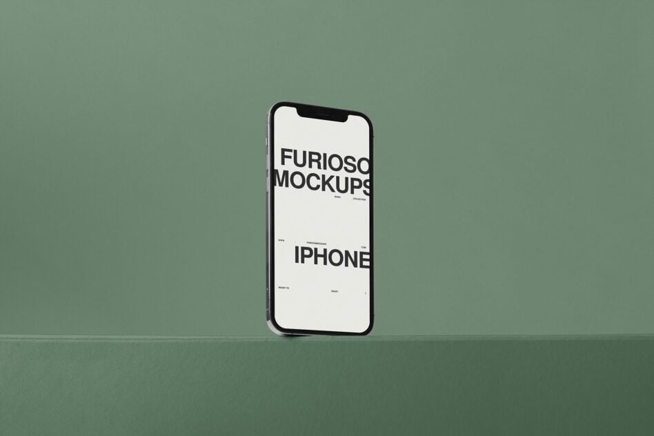 Silver iPhone mockup standing on sage green solid background