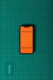 Phone centered on teal grid with orange screen mockup visible