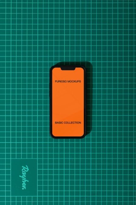 Phone centered on teal grid with orange screen mockup visible
