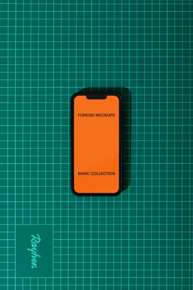Phone centered on teal grid with orange screen mockup visible