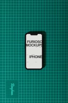 Black iPhone mockup on teal grid background with shadow cast