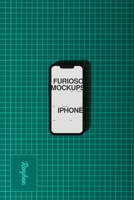Black iPhone mockup on teal grid background with shadow cast