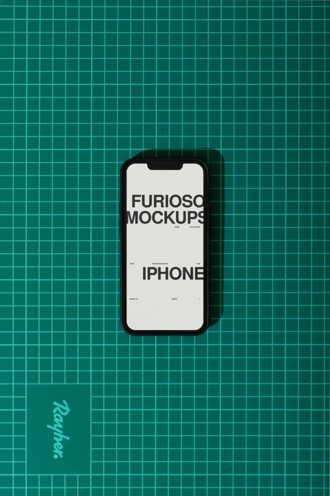 Black iPhone mockup on teal grid background with shadow cast