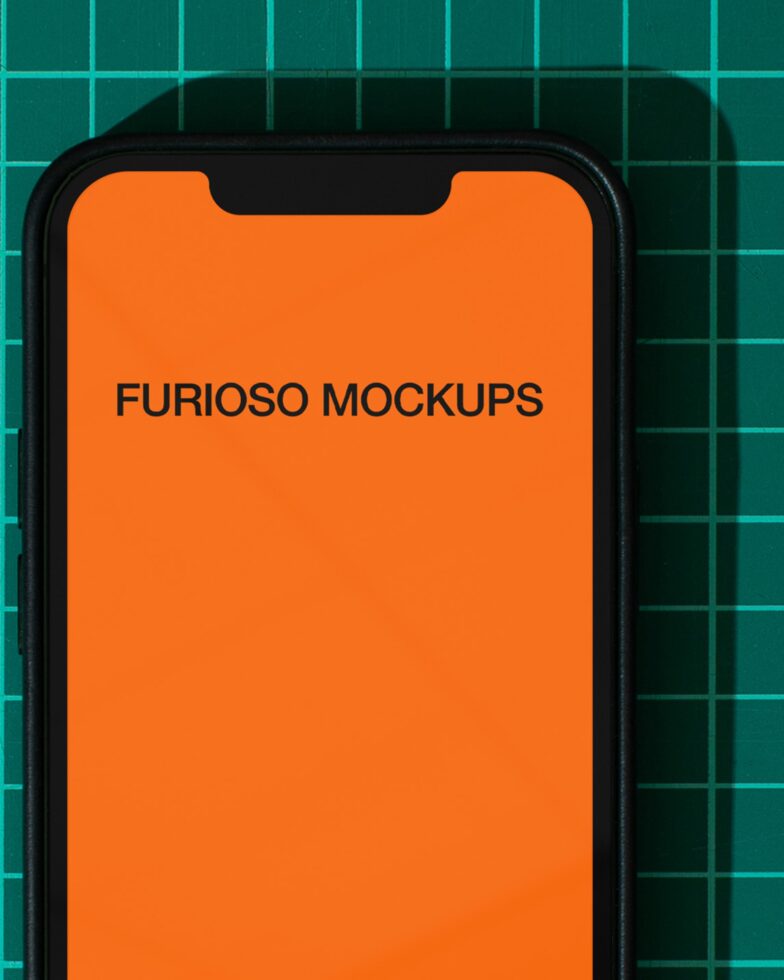 Phone screen displaying orange mockup on teal grid background
