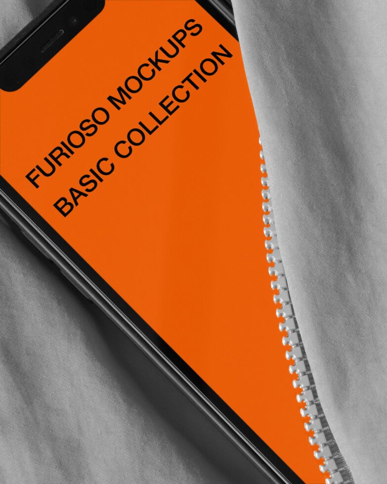 Phone screen mockup with orange display on white fabric spiral binding visible