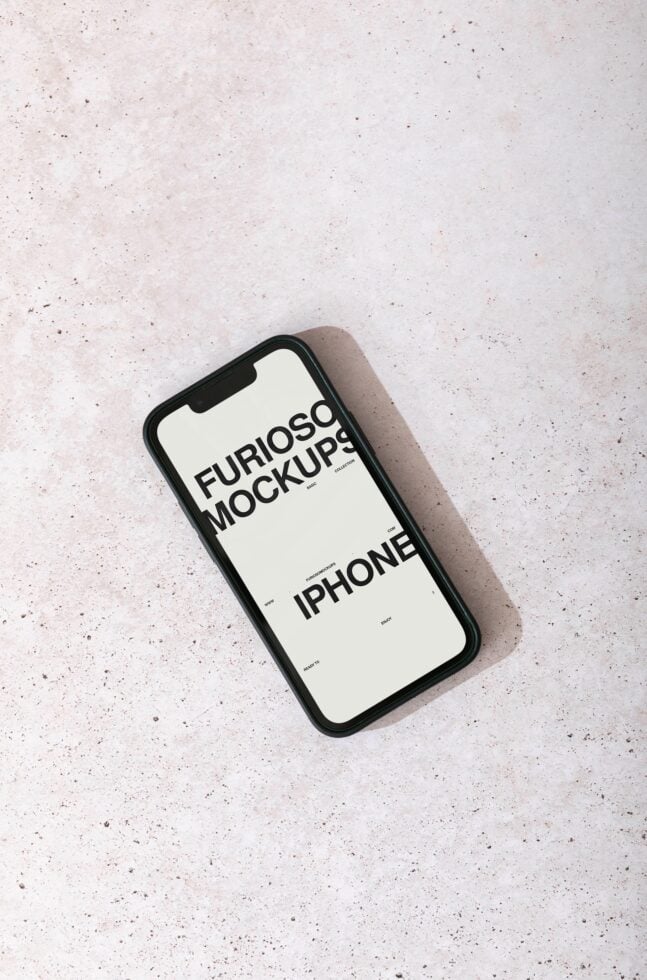 iPhone mockup with cream screen displaying black text on speckled surface