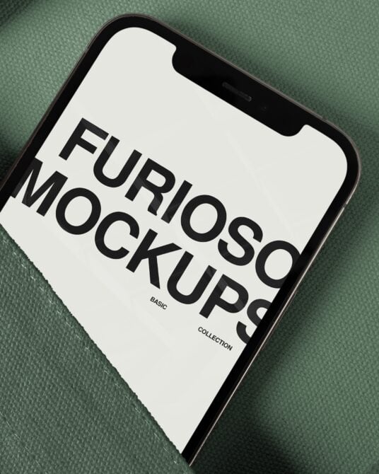 Smartphone displaying Furioso mockup text on cream screen with green fabric texture