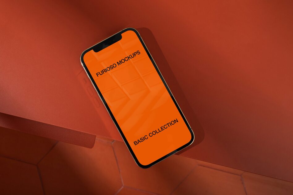 iPhone mockup with bright orange screen displaying Furioso Mockups branding