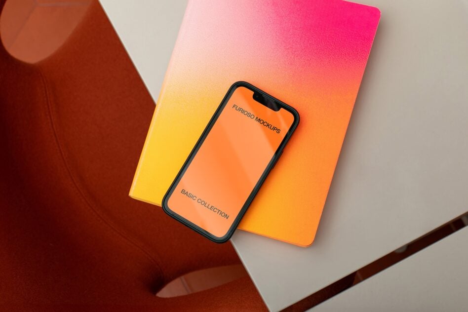 iPhone mockup on colorful gradient card with orange screen showing Furioso branding