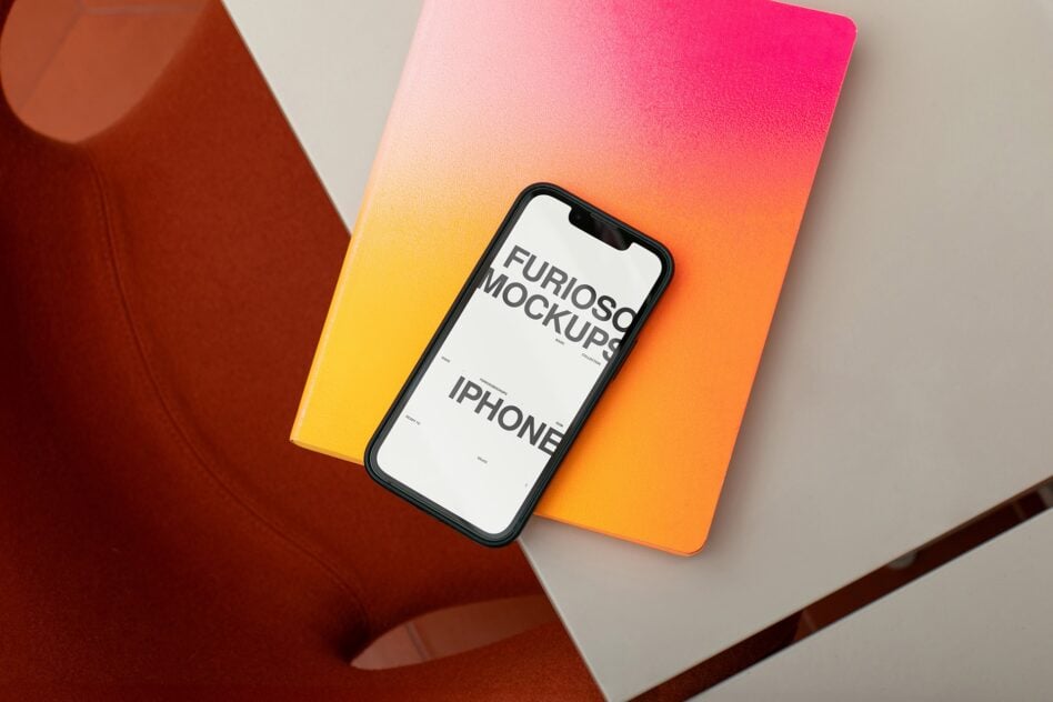 iPhone mockup on colorful gradient card with white screen showing Furioso typography