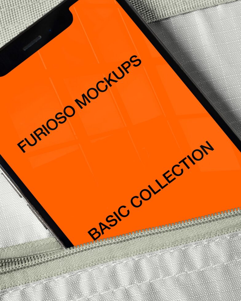 Bright orange iPad mockup laying on gray fabric with black text