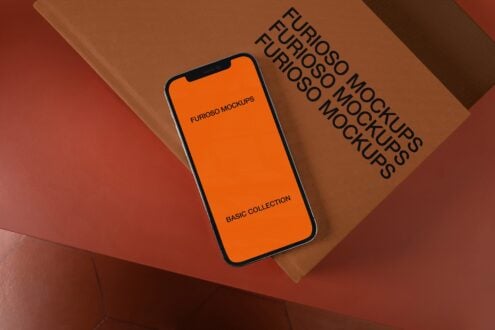 iPhone mockup with orange screen displaying Furioso branding on tan background