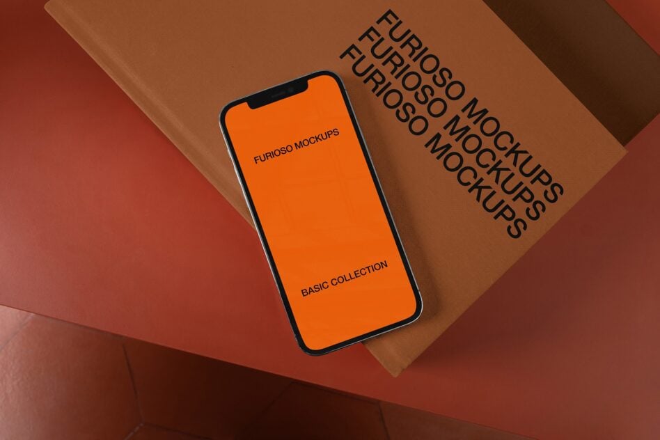 iPhone mockup with orange screen displaying Furioso branding on tan background