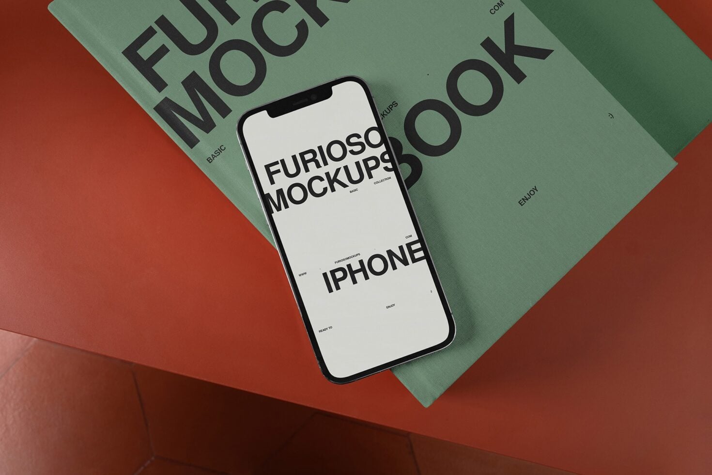 iPhone mockup with white screen on sage green magazine cover with black text