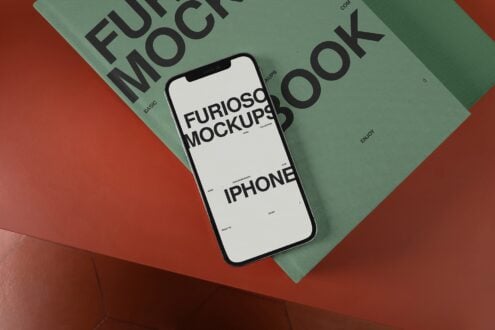iPhone mockup with white screen on sage green magazine cover with black text