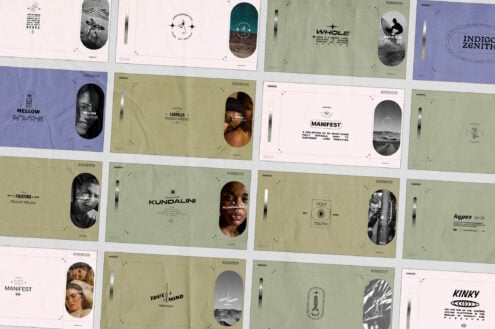 Grid layout of cream, green, blue mockup cards with faces, brand names, symbols
