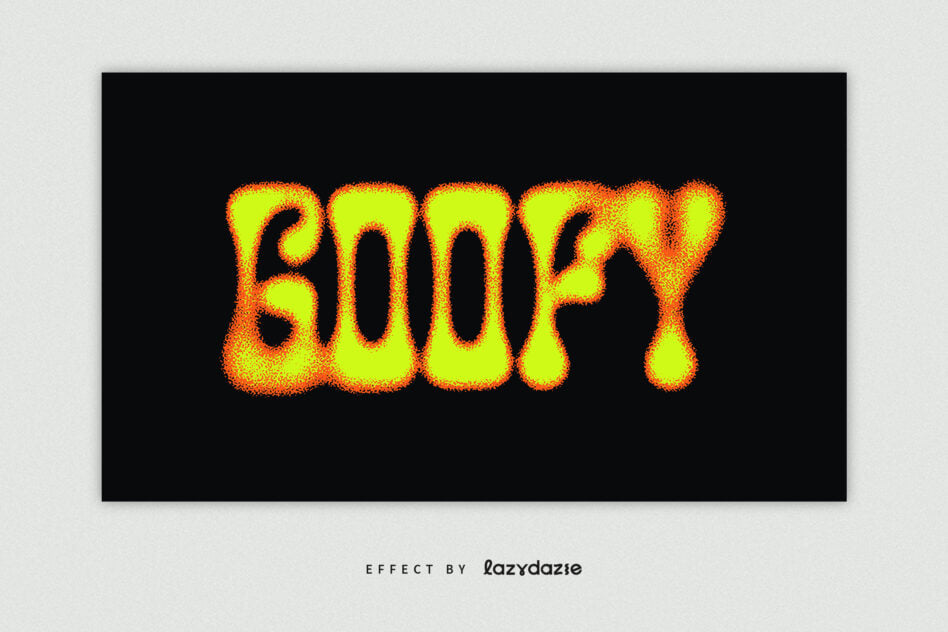 Goofy text in bright neon lime with orange pixelated fire edges