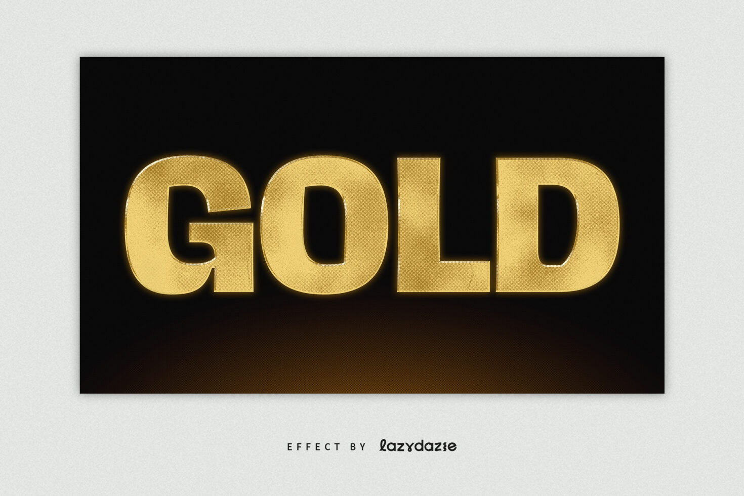 Shiny gold text with textured fill on black background, luxury style mockup