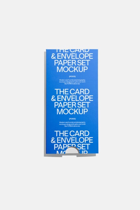 Blue stacked card mockup with repeating white typography on solid background