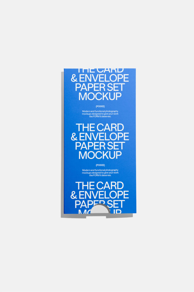 Blue stacked card mockup with repeating white typography on solid background