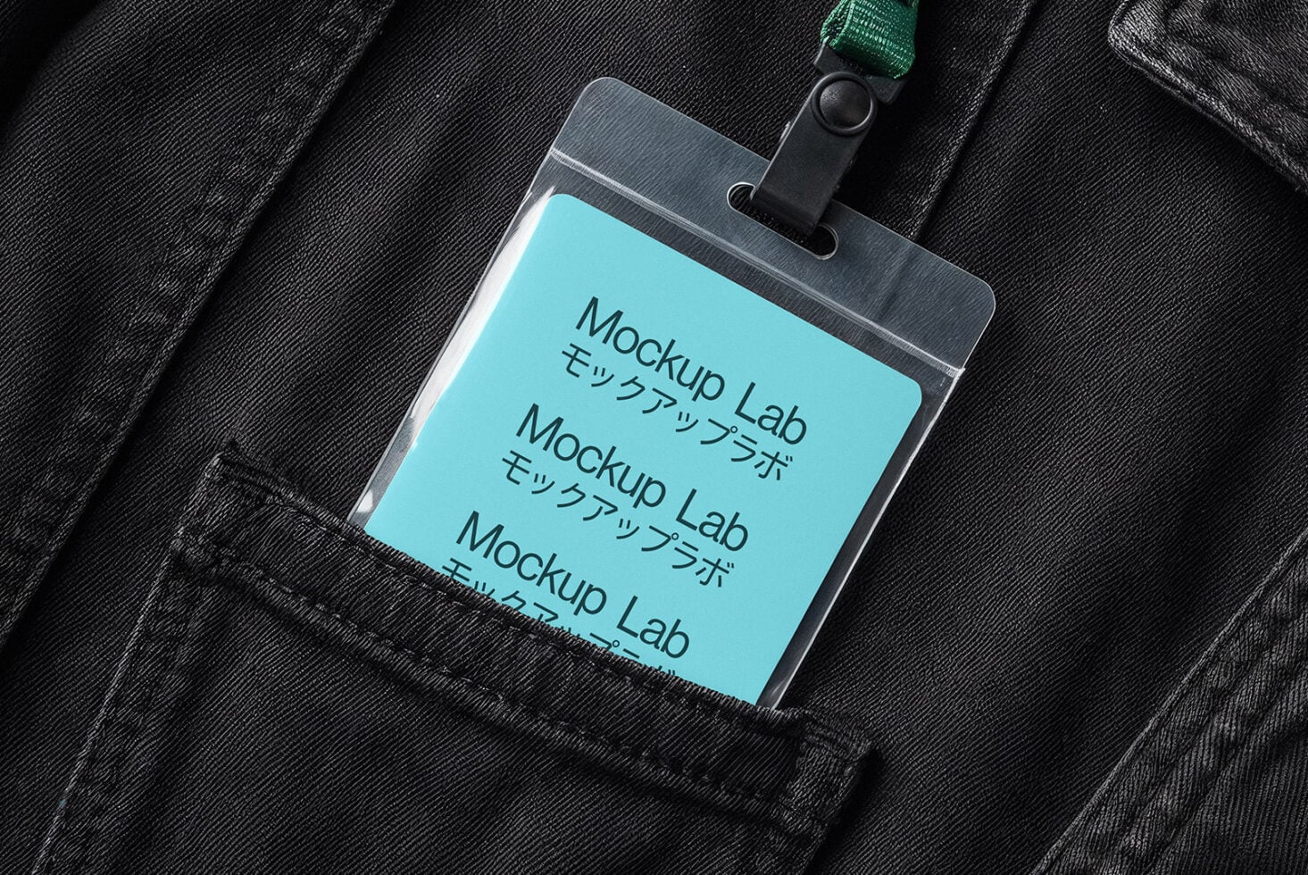 ID badge mockup with turquoise display on black jacket pocket with green strap