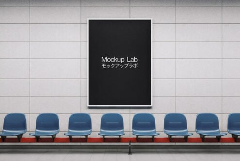 Black poster mockup mounted on white wall with blue chairs seated below