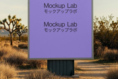 Desert billboard with purple background showing two text rows, dry brush