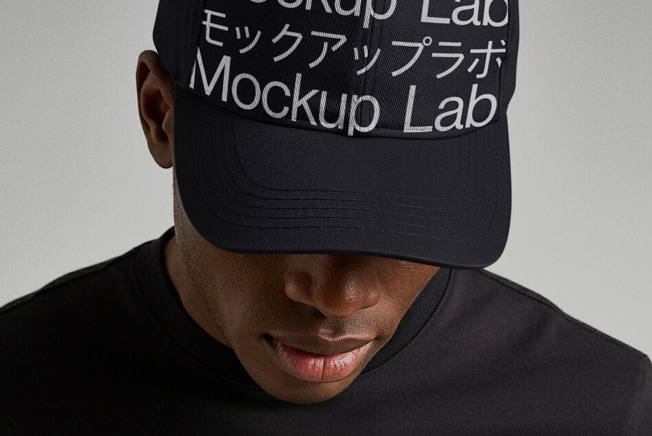 Front view of person wearing black baseball cap with white text stripe design