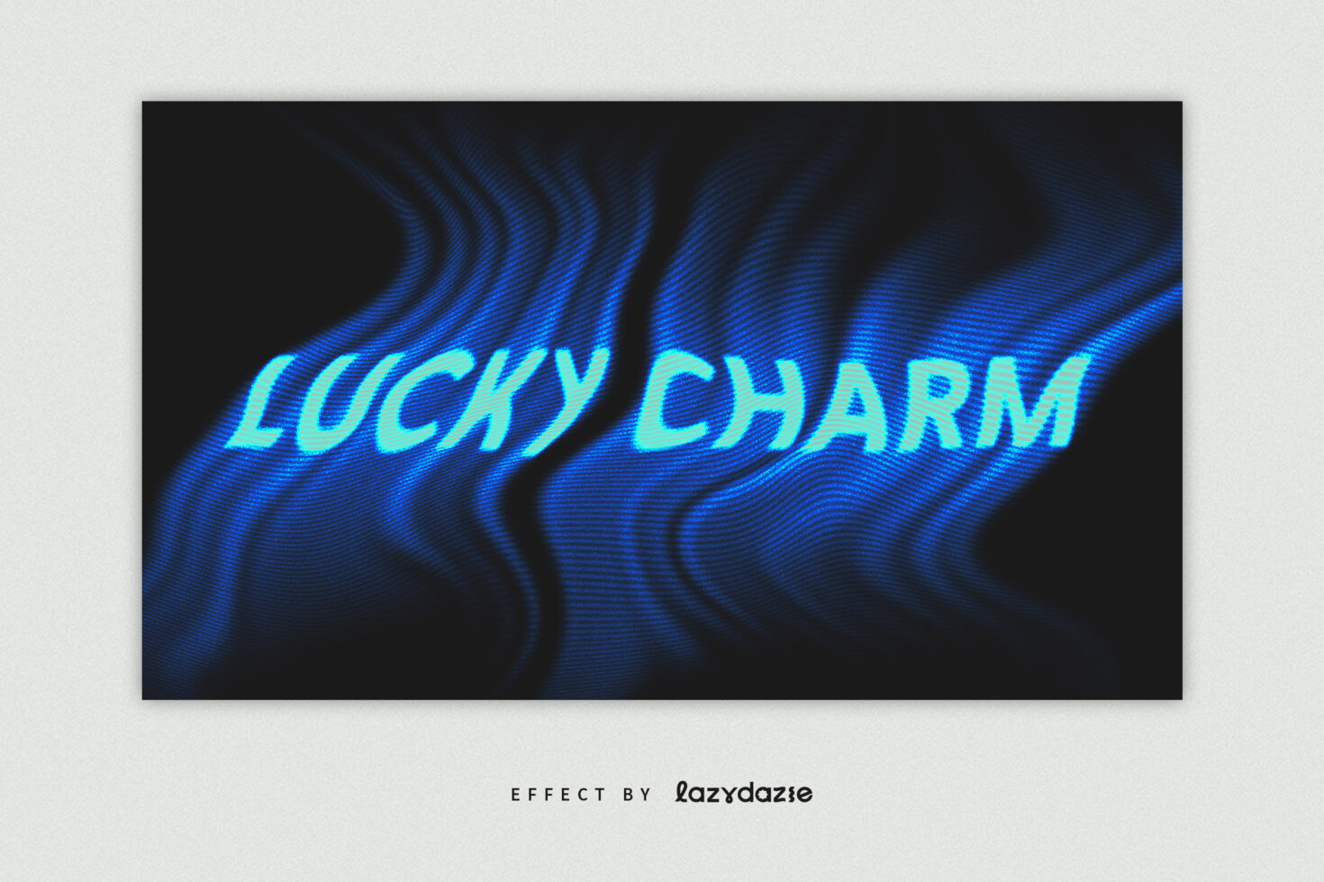 Cyan glowing text saying LUCKY CHARM with wavy blue lines behind it