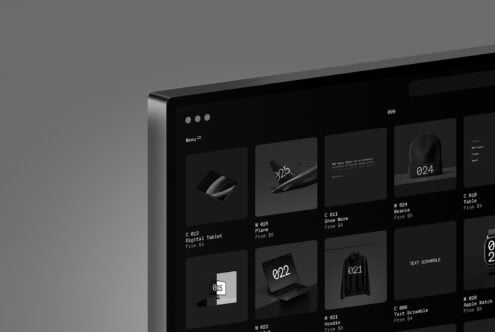 Website grid layout mockup on laptop showing product catalog with thumbnails