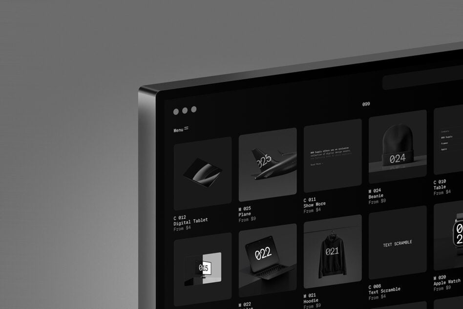 Website grid layout mockup on laptop showing product catalog with thumbnails