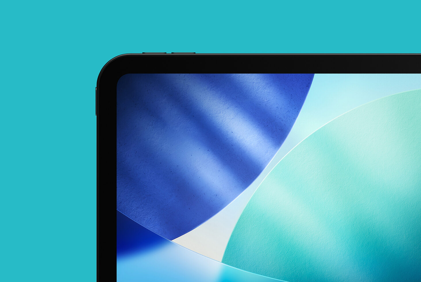 Black-framed tablet with blue, mint, white geometric shapes on turquoise background